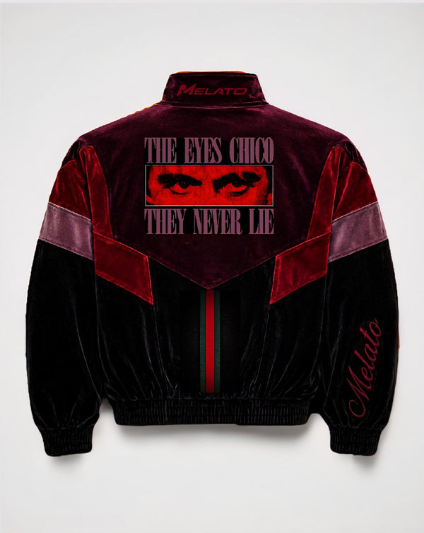 OJOS Velour Track Jacket back view with The Eyes Chico graphic