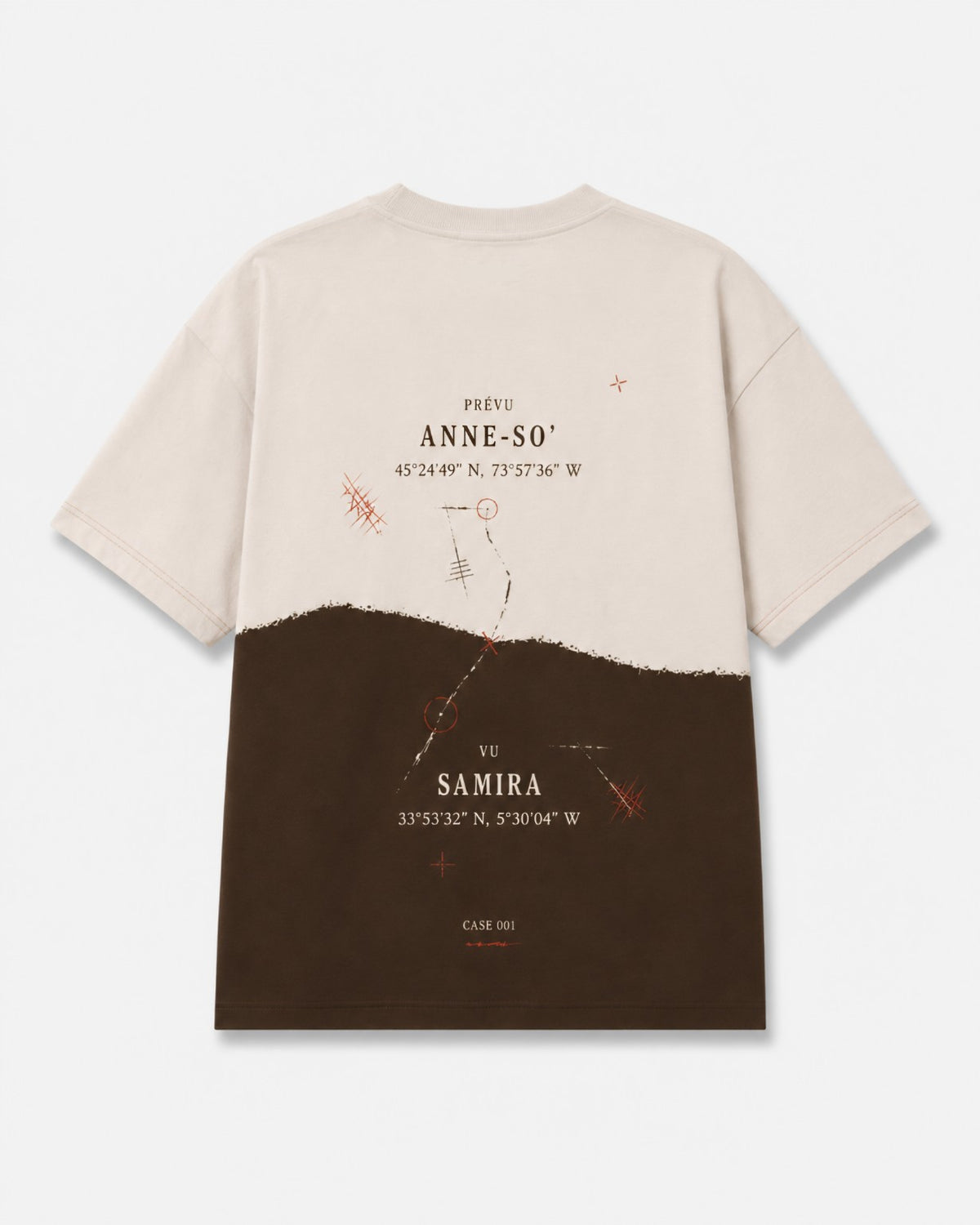 Detour Case 001 Tee back in cream and espresso brown with Case 001 route graphics, Anne-So and Samira coordinates and rust-red marks