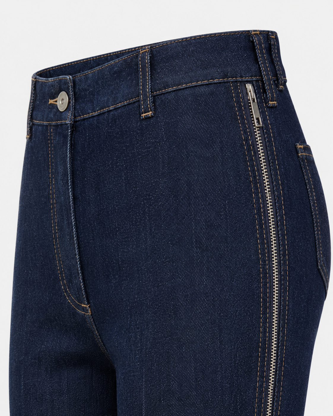 Melato Nuit Blanche Zip Flare Jean close up — contrast zipper detail