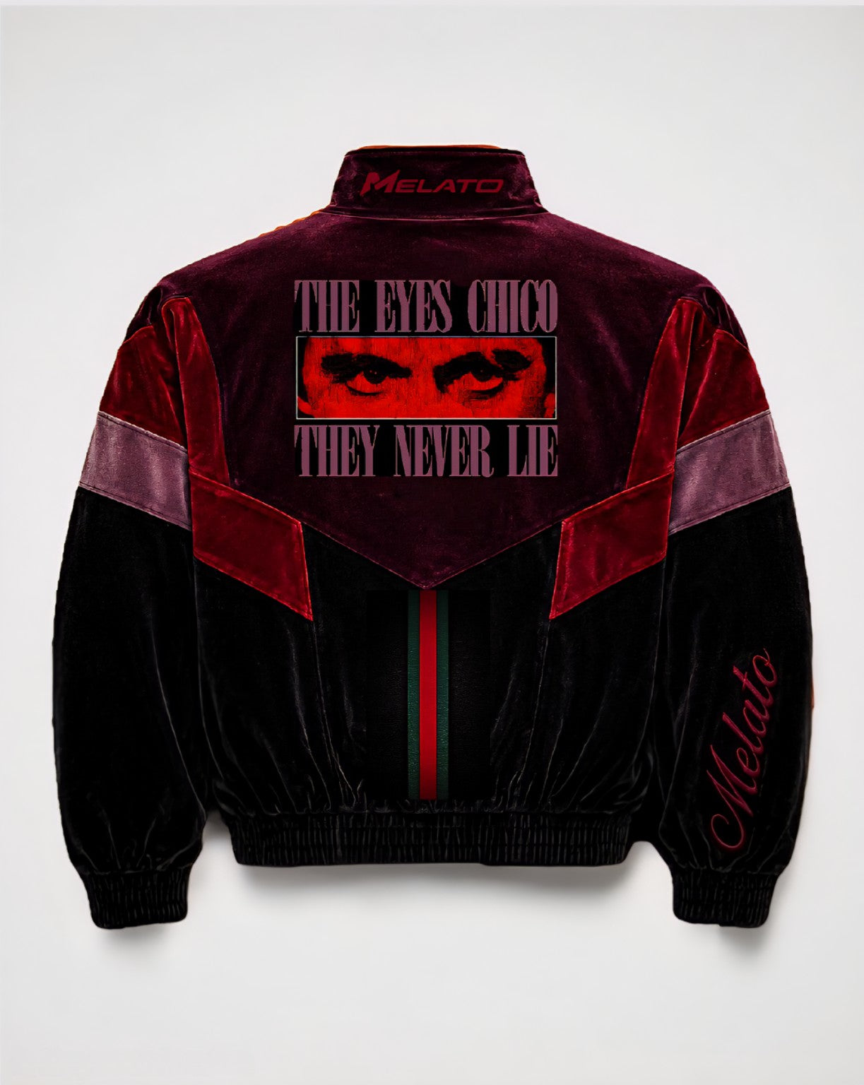 OJOS Velour Track Jacket back view with The Eyes Chico graphic