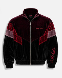 OJOS Velour Track Jacket front view in burgundy black and red velour