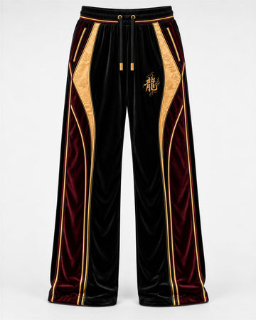 Ryū Track Pant black burgundy and antique-gold wide-leg velour pant front view with dragon embroidery