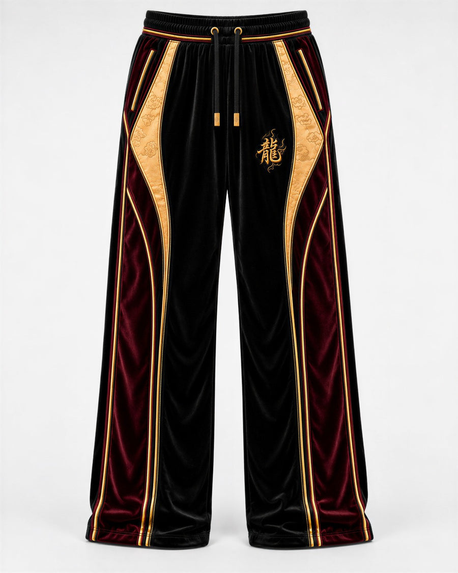 Ryū Track Pant black burgundy and antique-gold wide-leg velour pant front view with dragon embroidery