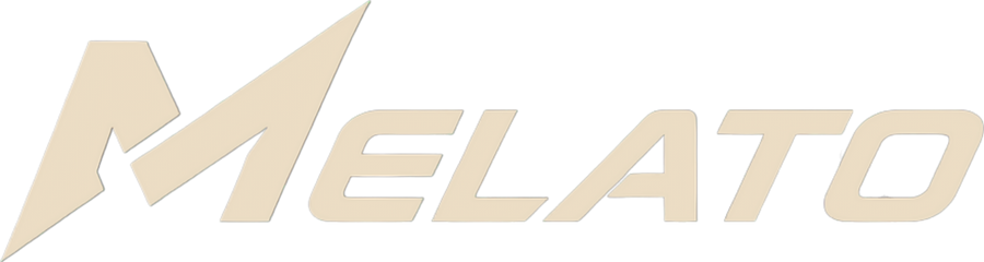 The word 'MELATO' which is the name of a Designer Fashion House, in a stylized, bold sans-serif font with a light beige/cream fill and a thin dark outline, set against a solid black background.
