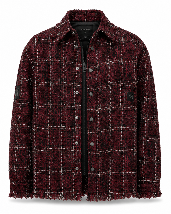 Melato Barolo Tweed Zip Overshirt in burgundy textured check, front view