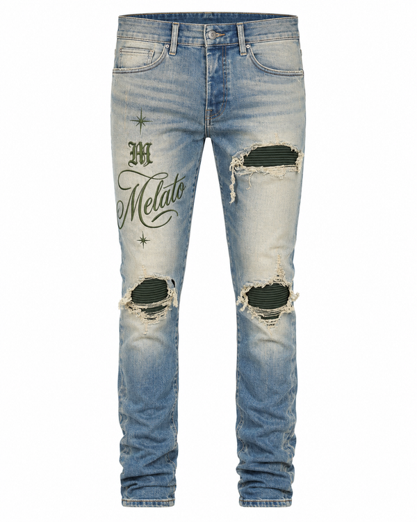 Melato Berry Distressed Slim Jean in light-wash denim, front view