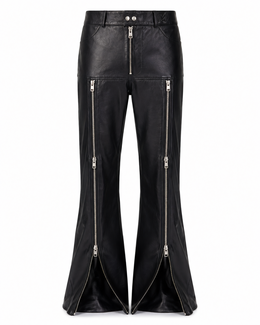 Melato CasaNegra Leather Flare Zip Pants in black leather-look, front view