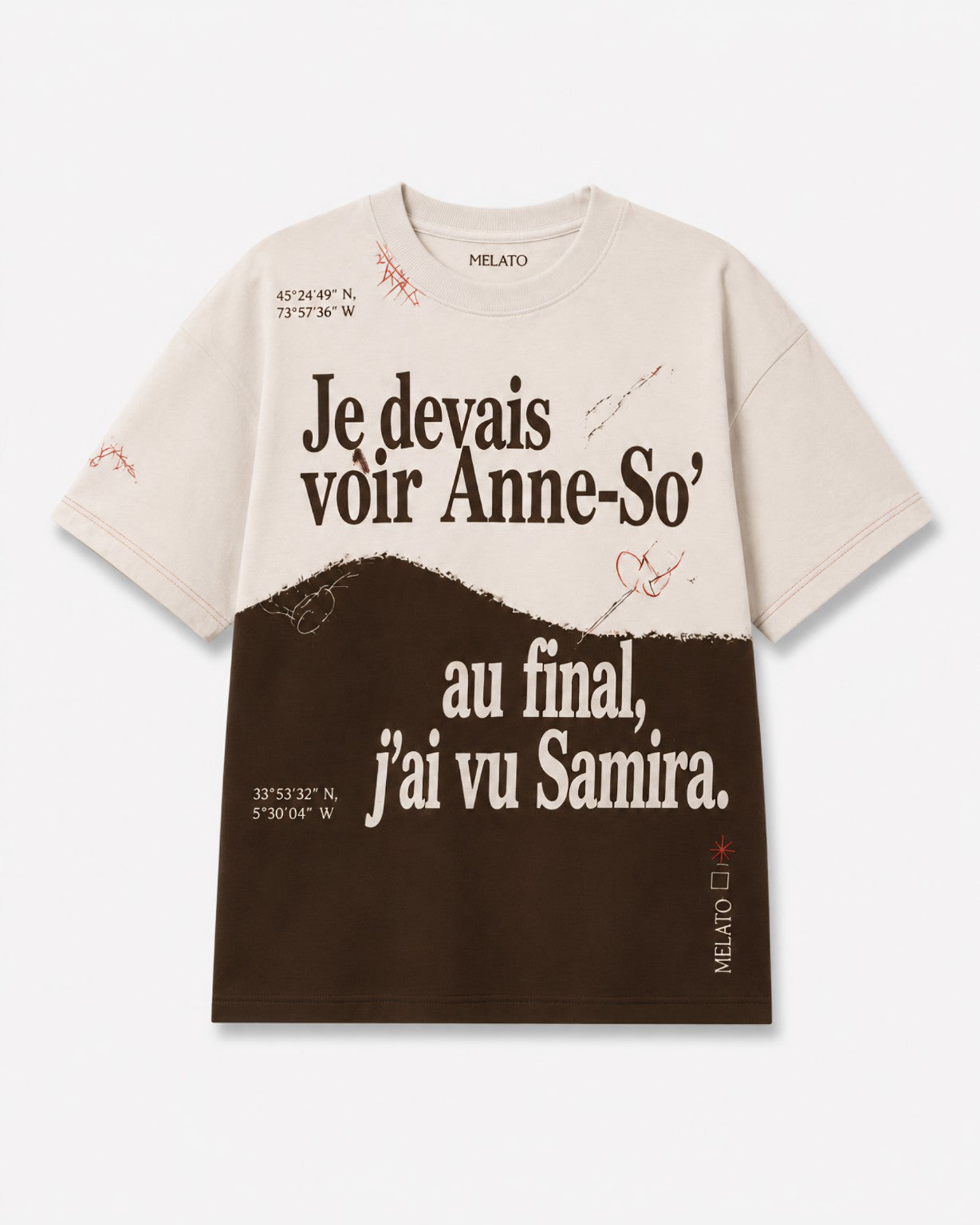 Detour Case 001 Tee front in cream and espresso brown with French typography, coordinate details and rust-red marks