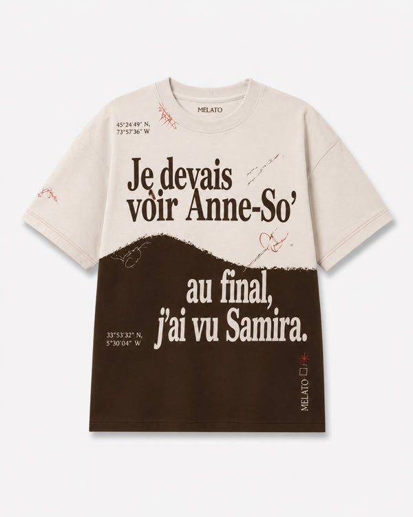Detour Case 001 Tee front in cream and espresso brown with French typography, coordinate details and rust-red marks