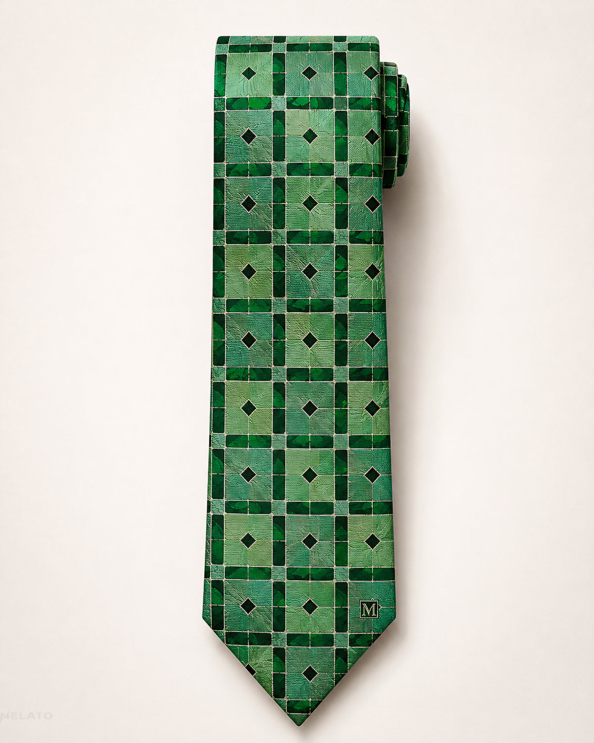 Melato Emerald Solstice Geometric Tie in deep green tile pattern, front view