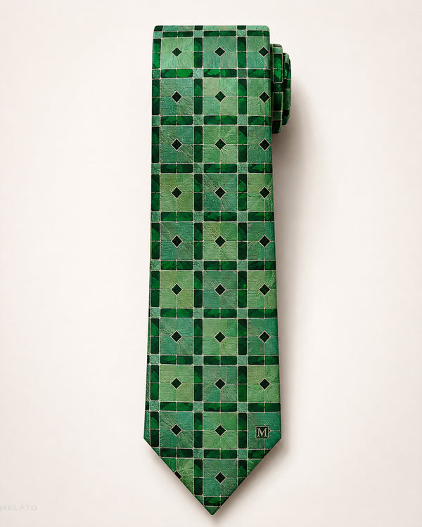 Melato Emerald Solstice Geometric Tie in deep green tile pattern, front view