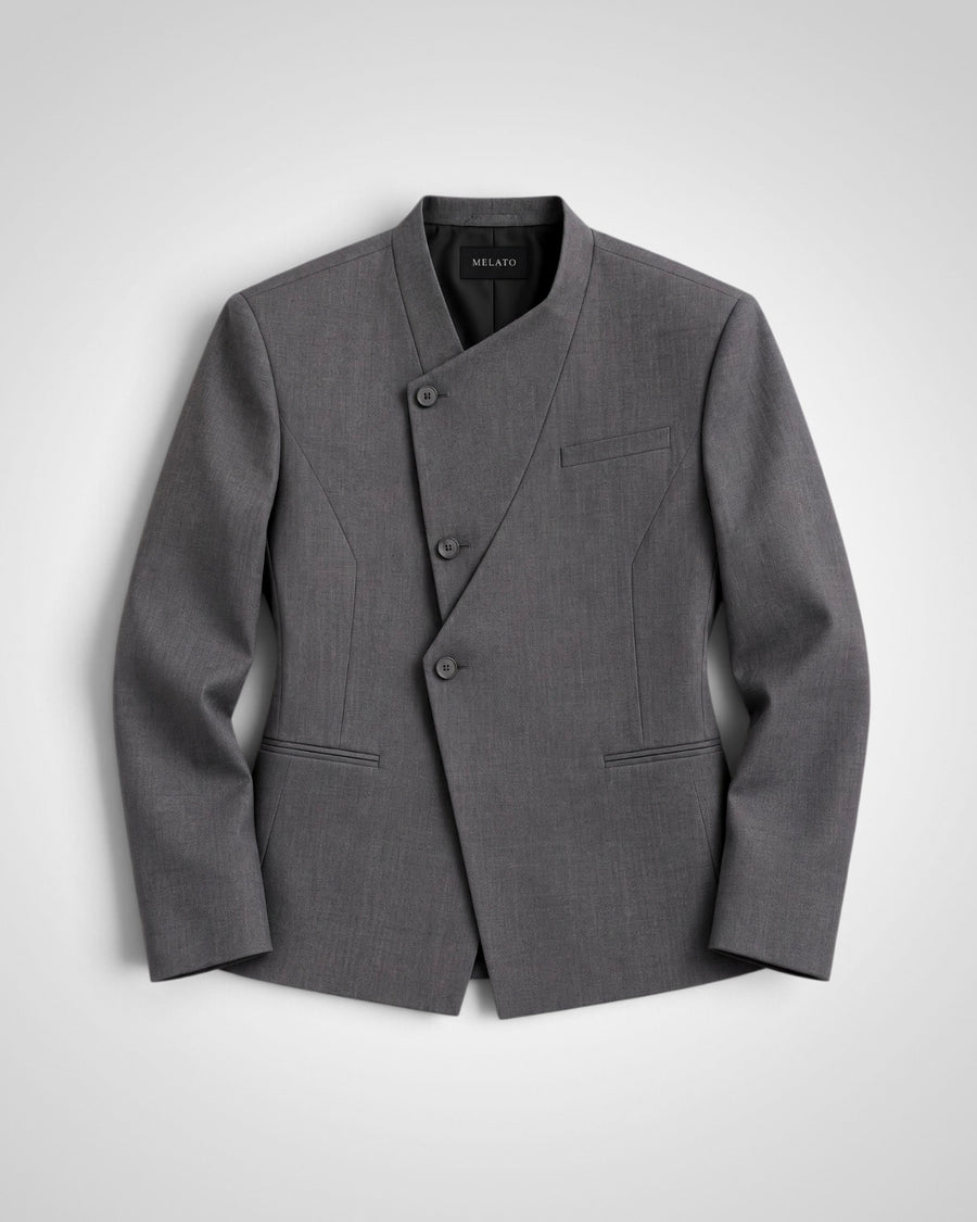 Melato Grey Area asymmetric grey blazer front flat lay