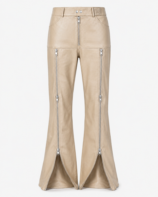 Melato Kech Leather Flare Zip Pants in beige leather-look, front view