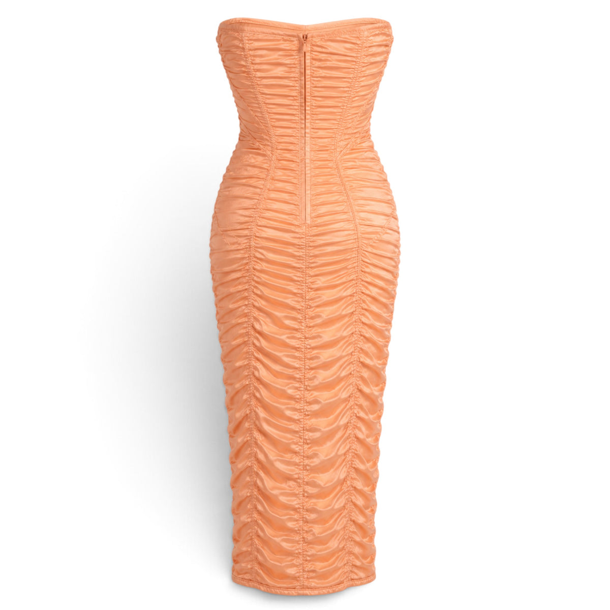 Back view of Melato apricot stretch-silk strapless corset dress with full-length ruching and a concealed back zipper.