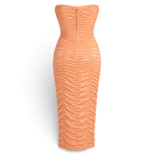 Back view of Melato apricot stretch-silk strapless corset dress with full-length ruching and a concealed back zipper.