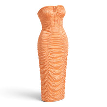 Melato apricot stretch-silk strapless corset dress with sculpted cups, ruching, and a floor-length column silhouette.