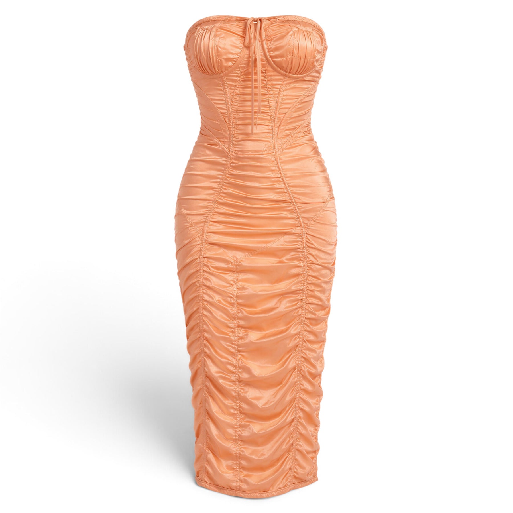 Melato apricot stretch-silk strapless corset dress with sculpted underwire cups and all-over directional ruching.