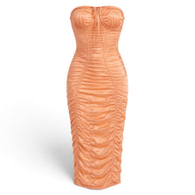 Melato apricot stretch-silk strapless corset dress with sculpted underwire cups and all-over directional ruching.