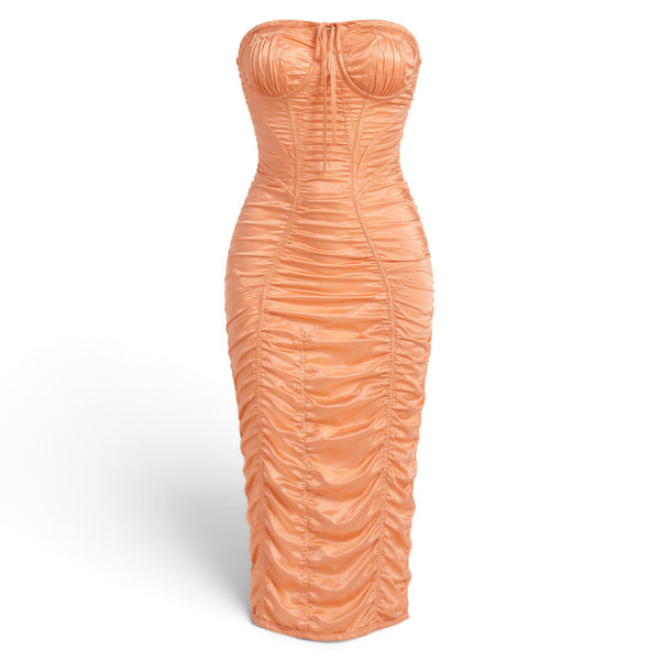 Melato apricot stretch-silk strapless corset dress with sculpted underwire cups and all-over directional ruching.
