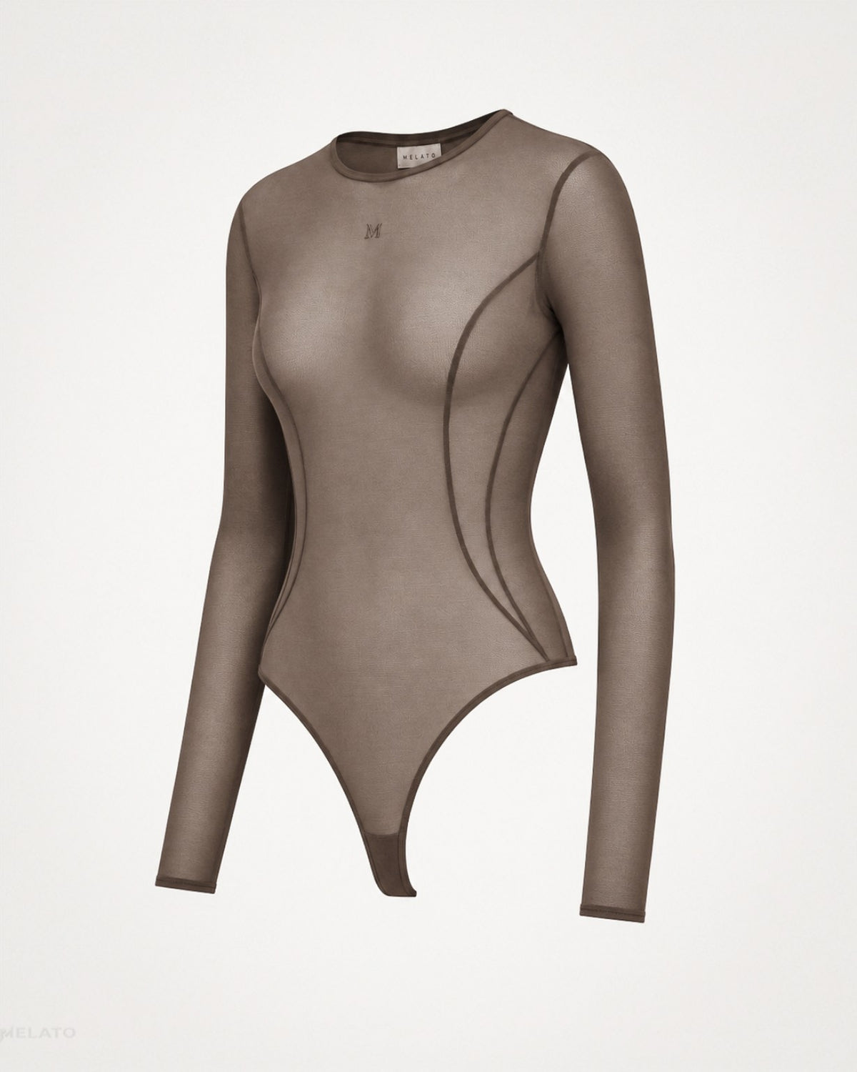 Angled view of the Melato Body Language Cocoa Mesh Bodysuit with sheer cocoa finish, sculpted seamwork, long sleeves, and tonal M chest detail.