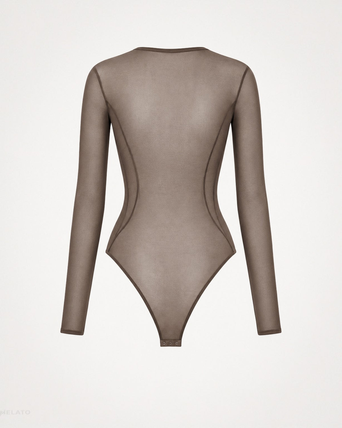 Back view of the Melato Body Language Cocoa Mesh Bodysuit with sheer cocoa fabric, long sleeves, curved contour seam lines, and bottom snap closure.