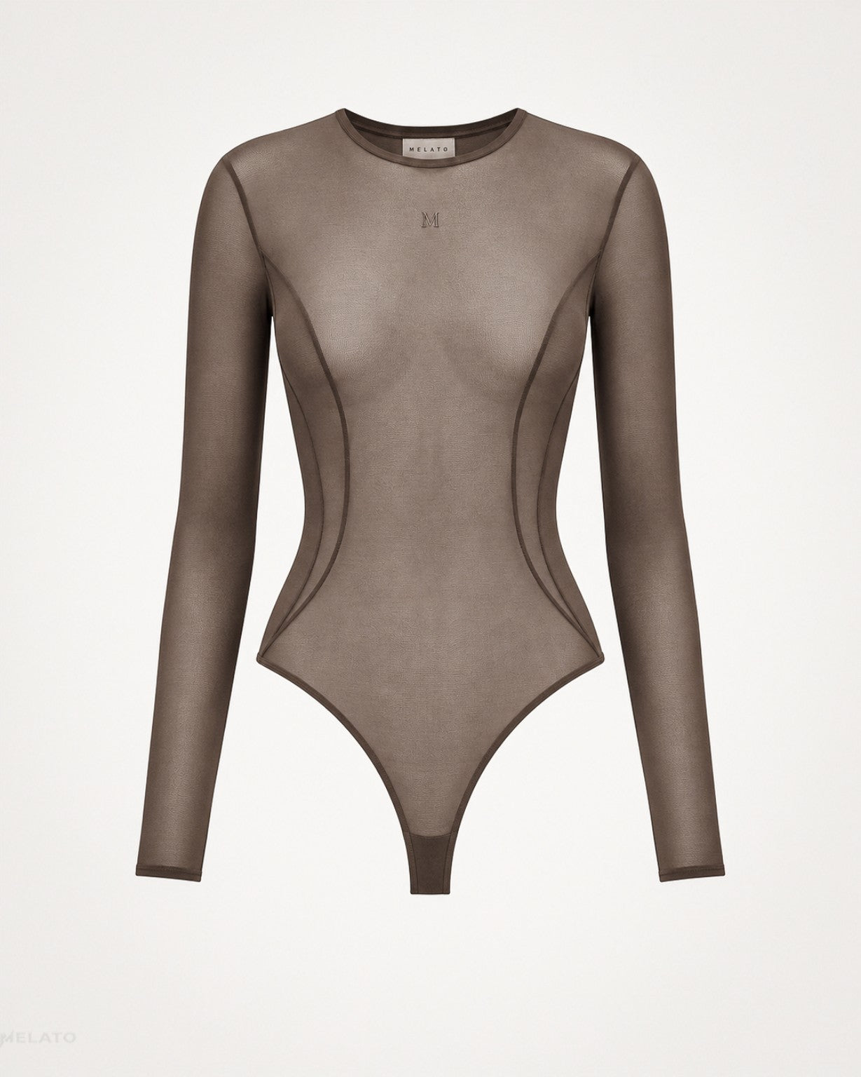 Melato Body Language Cocoa Mesh Bodysuit front view with long sleeves, sheer cocoa finish, contour seam lines, and tonal M chest branding.