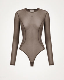 Melato Body Language Cocoa Mesh Bodysuit front view with long sleeves, sheer cocoa finish, contour seam lines, and tonal M chest branding.