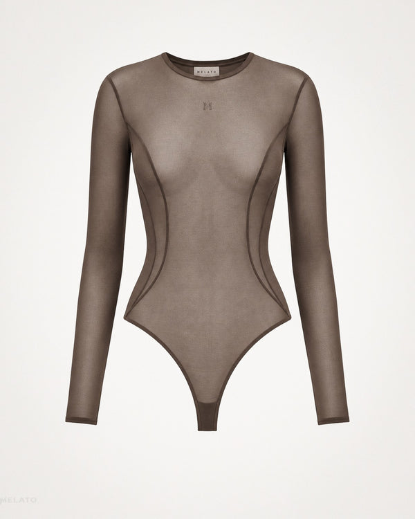 Melato Body Language Cocoa Mesh Bodysuit front view with long sleeves, sheer cocoa finish, contour seam lines, and tonal M chest branding.