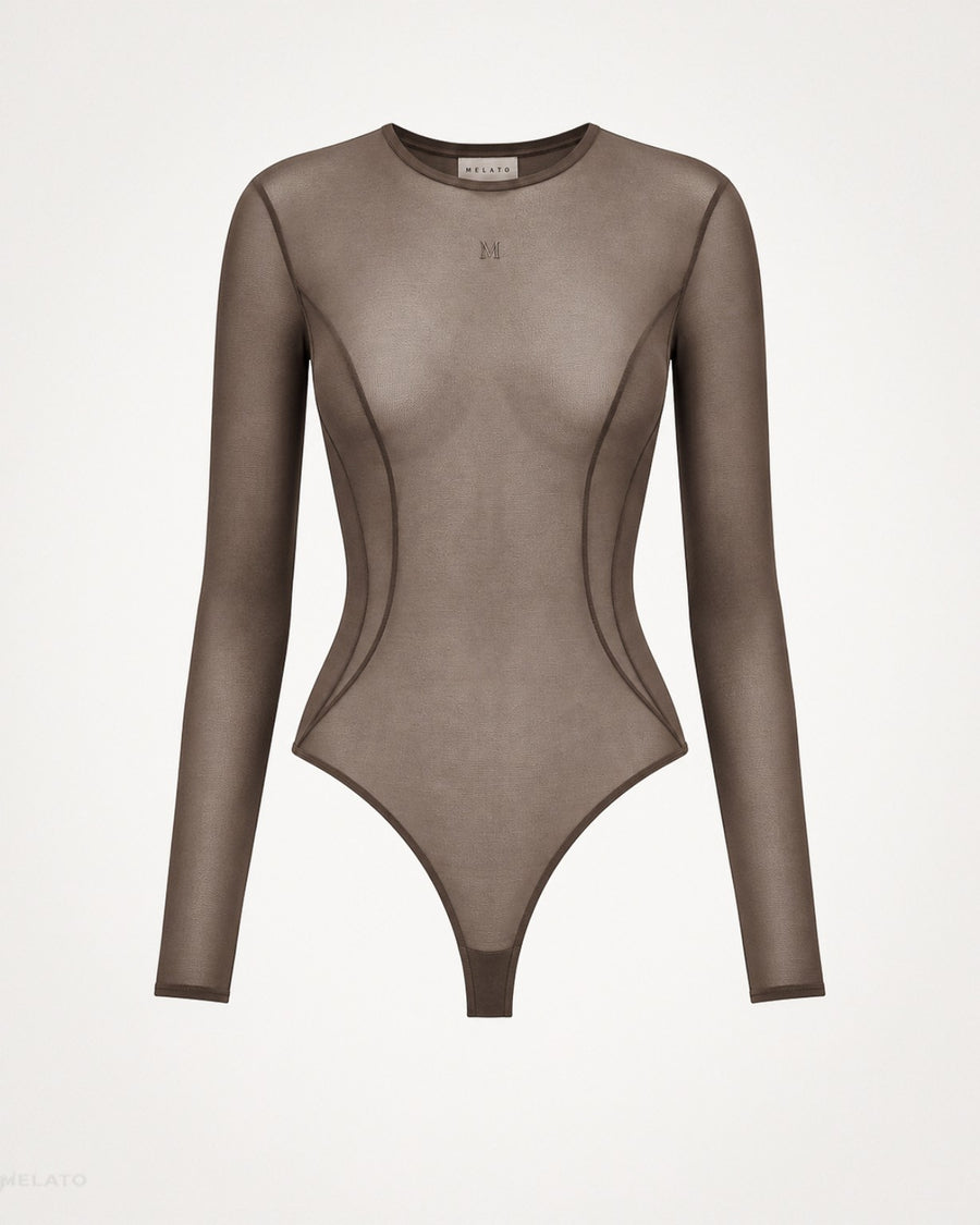 Melato Body Language Cocoa Mesh Bodysuit front view with long sleeves, sheer cocoa finish, contour seam lines, and tonal M chest branding.