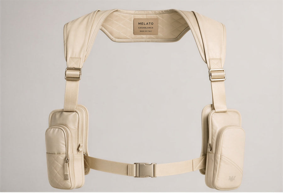 TWO COUNTS sand dual-pouch utility harness, front view