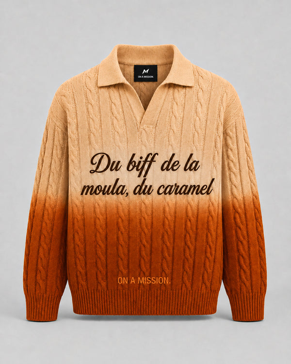 Melato Moula Caramel Cable Knit Polo in heavyweight caramel knit, front view