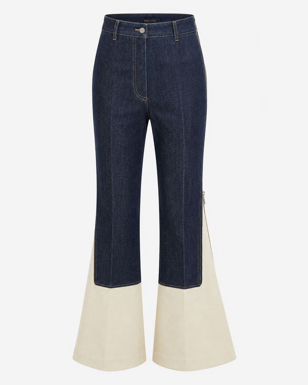 Melato Nuit Blanche Zip Flare Jean — white two tone flare denim jeans