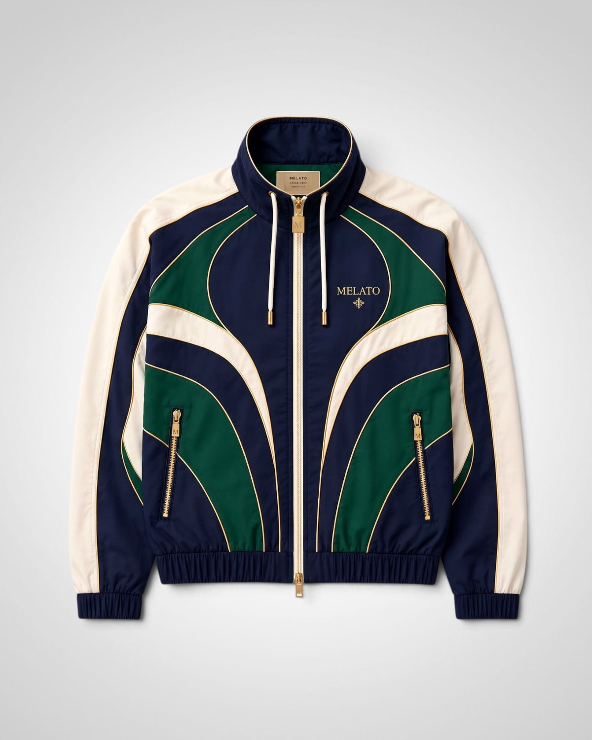 Melato Offshore Account navy green ivory panel track jacket front flat lay