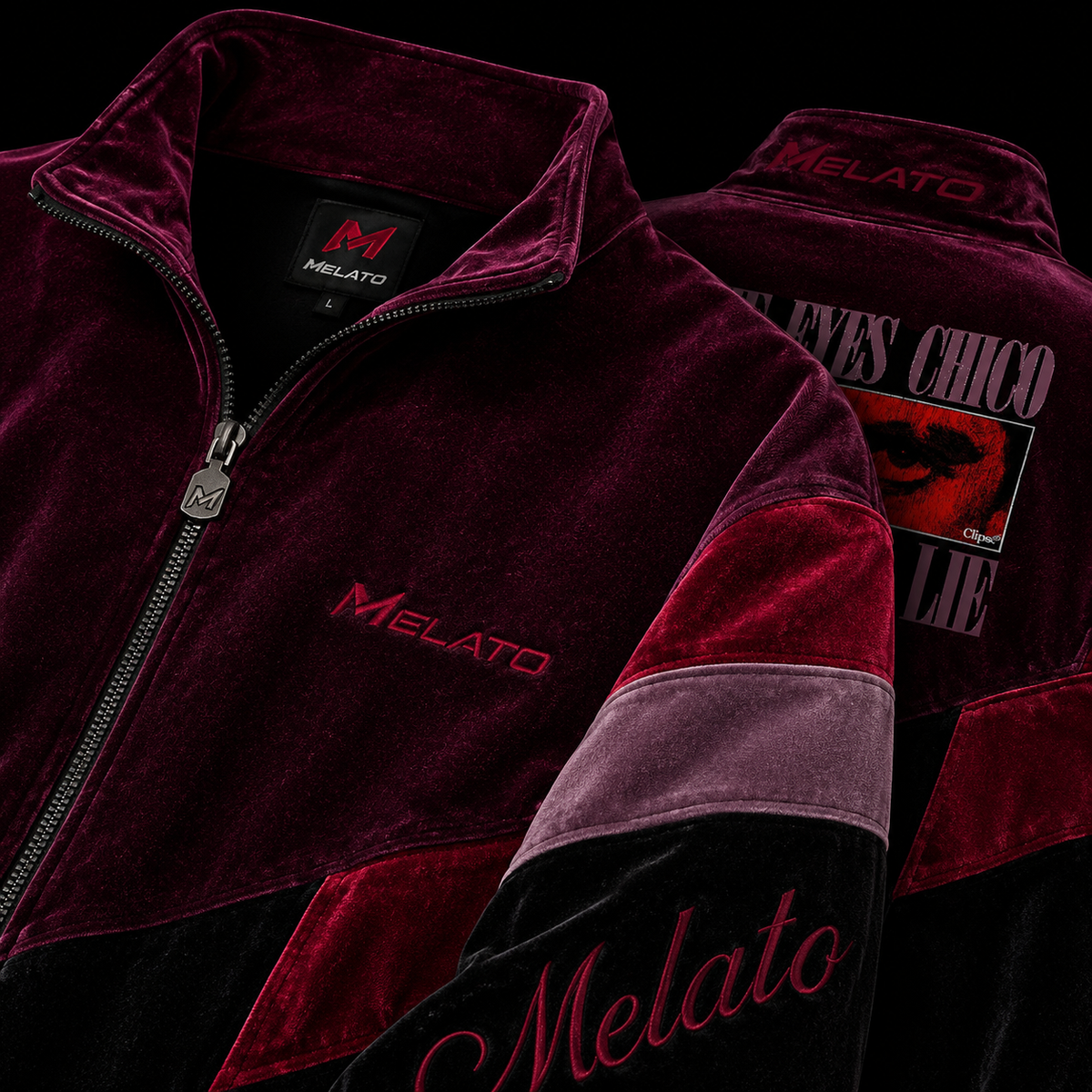 Melato OJOS Velour Track Jacket in burgundy and red velour, detail view