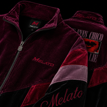 Melato OJOS Velour Track Jacket in burgundy and red velour, detail view