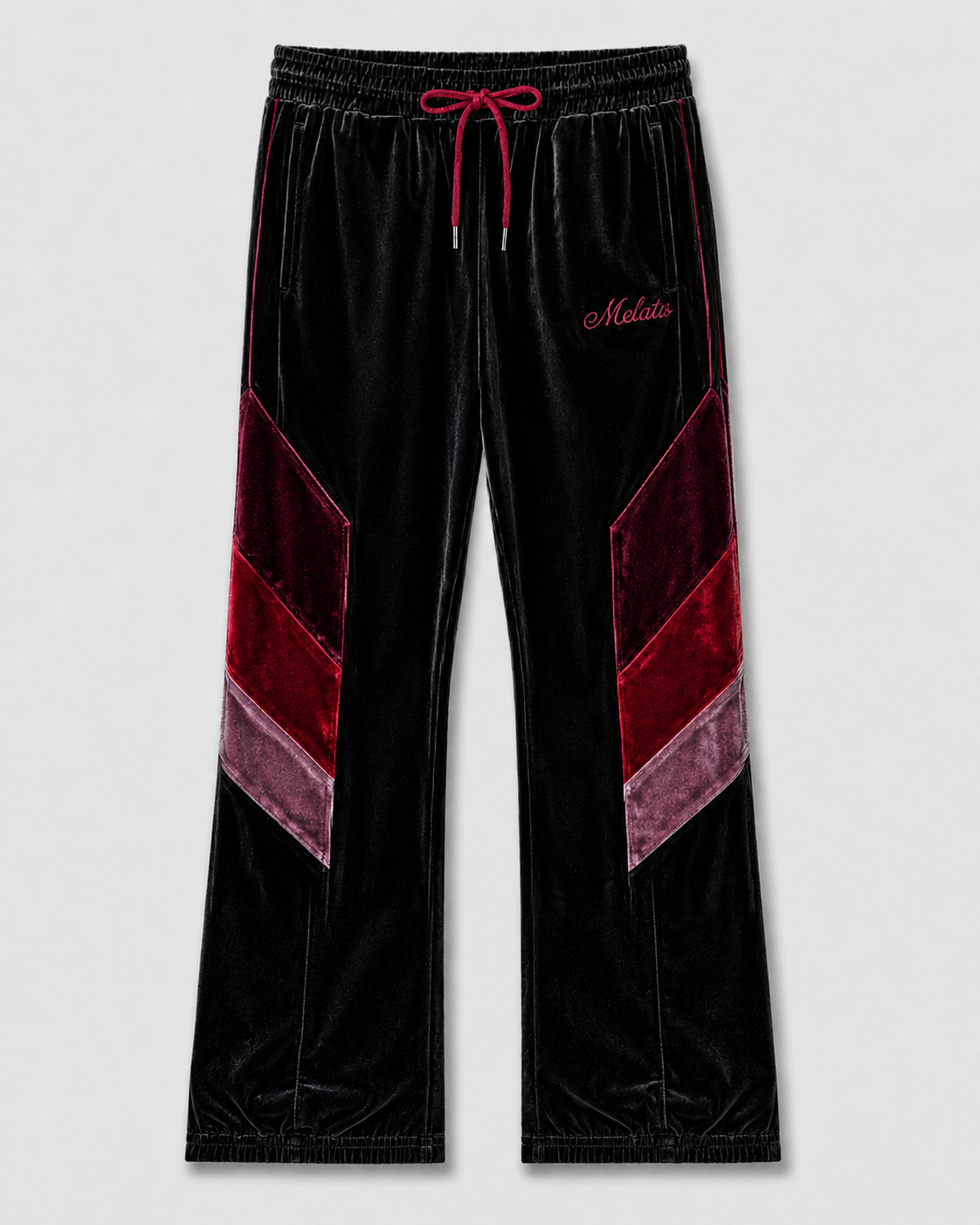 Melato OJOS Velour Track Pants in burgundy velour, front view