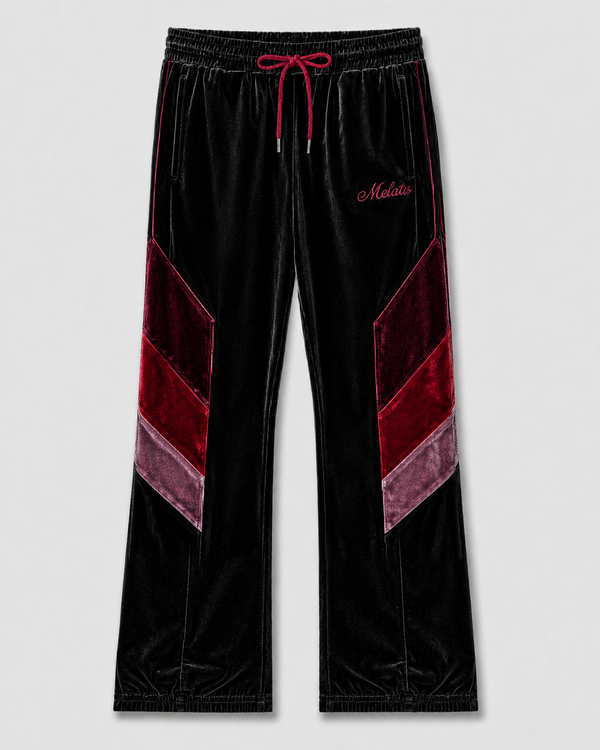 Melato OJOS Velour Track Pants in burgundy velour, front view