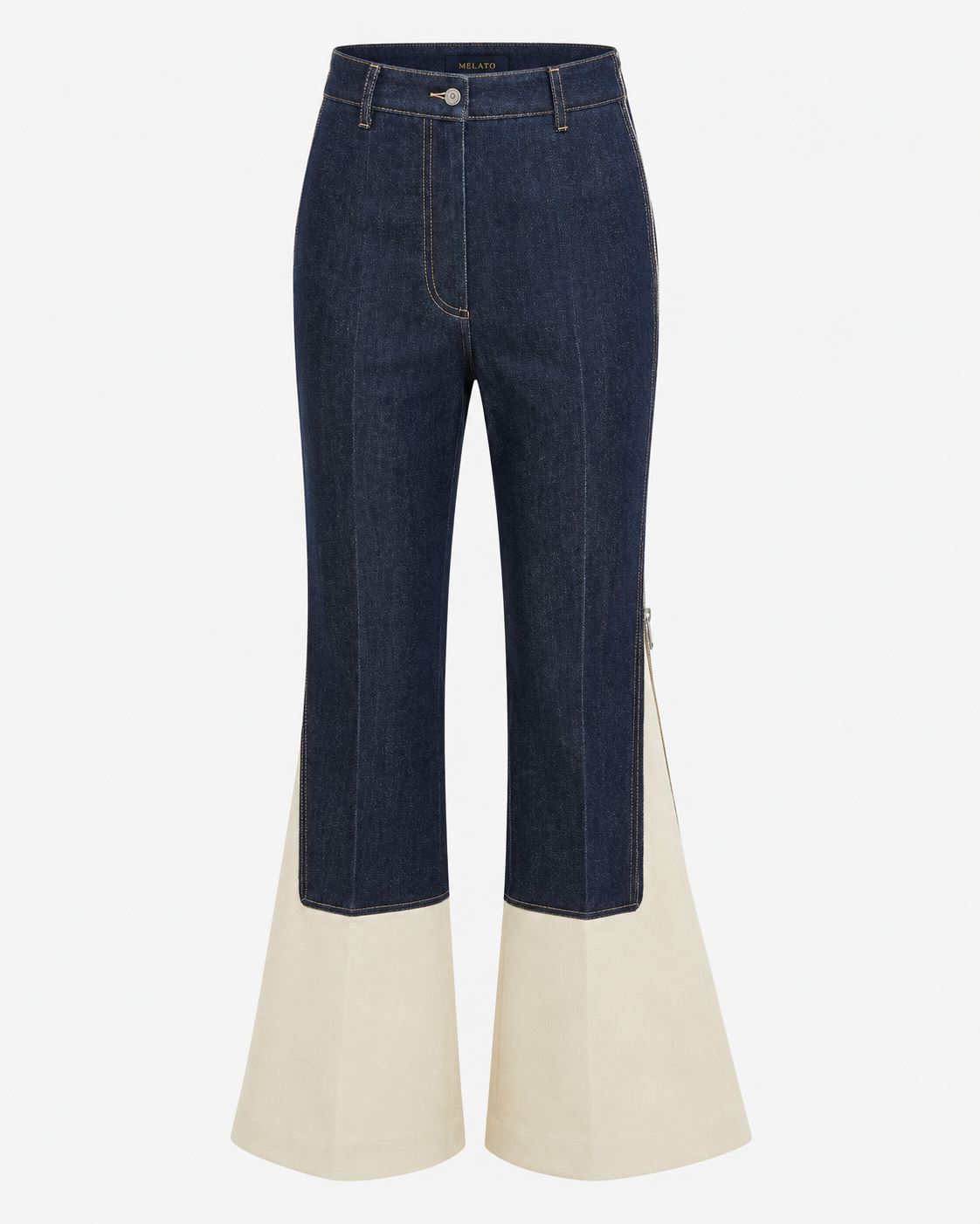 Melato Nuit Blanche Zip Flare Jean — white two tone flare denim jeans