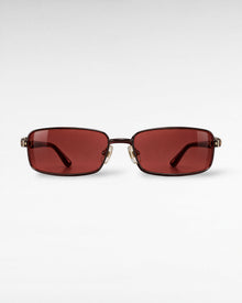 Tinted Testimony sunglasses side view with slim maroon frame and gold-tone endpiece detail