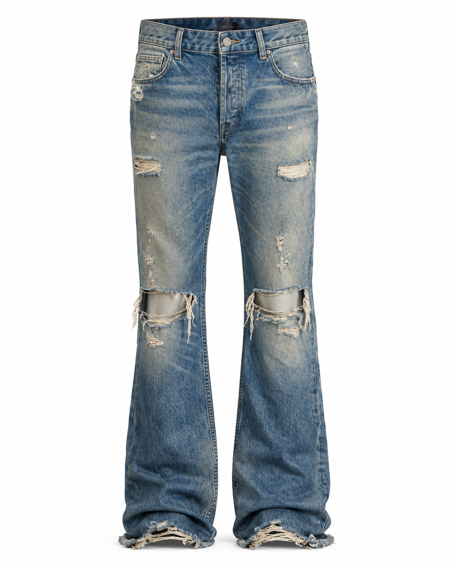 Melato Hendrix Distressed Flare Jean — black distressed flare denim jeans