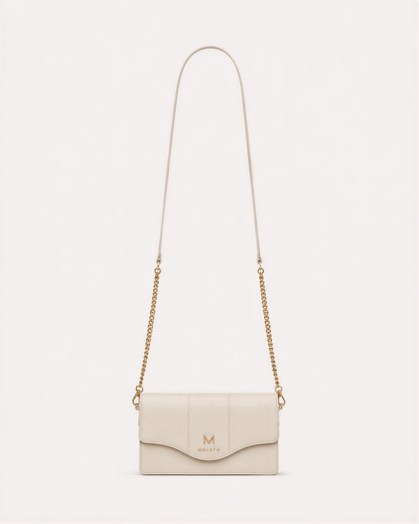 Return to Sender ivory calf-leather chain wallet with gold-tone M closure