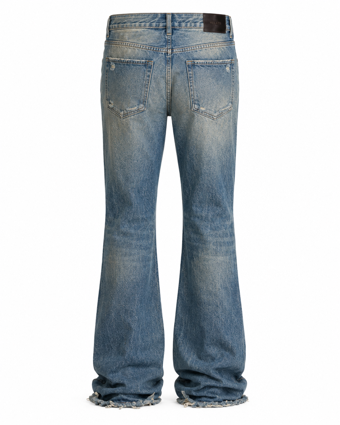 Melato Hendrix Distressed Flare Jean detail shot — distressed denim texture