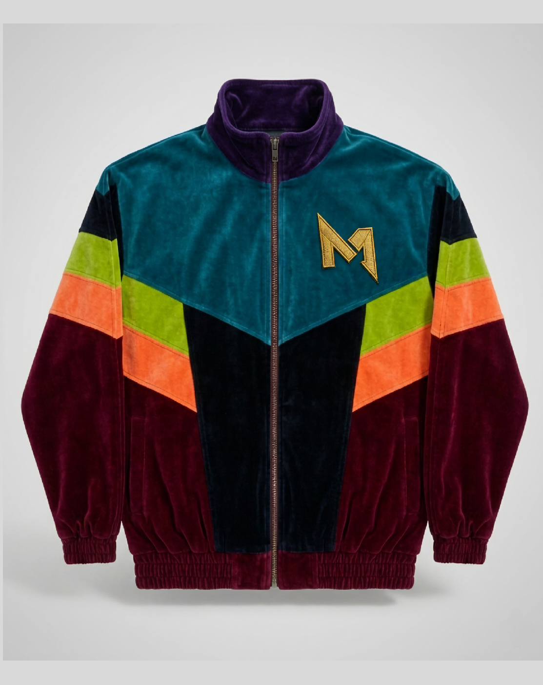 Melato Conquista Velour Track Jacket — teal lime burgundy colorblock jacket