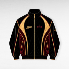Ryū Track Jacket back view with central gold dragon artwork and burgundy panel channels