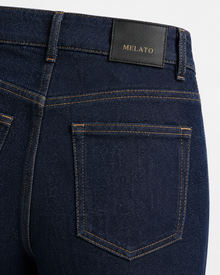 Melato Nuit Blanche Zip Flare Jean side view — two tone flare denim