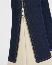 Melato Nuit Blanche Zip Flare Jean detail shot — exposed zipper denim