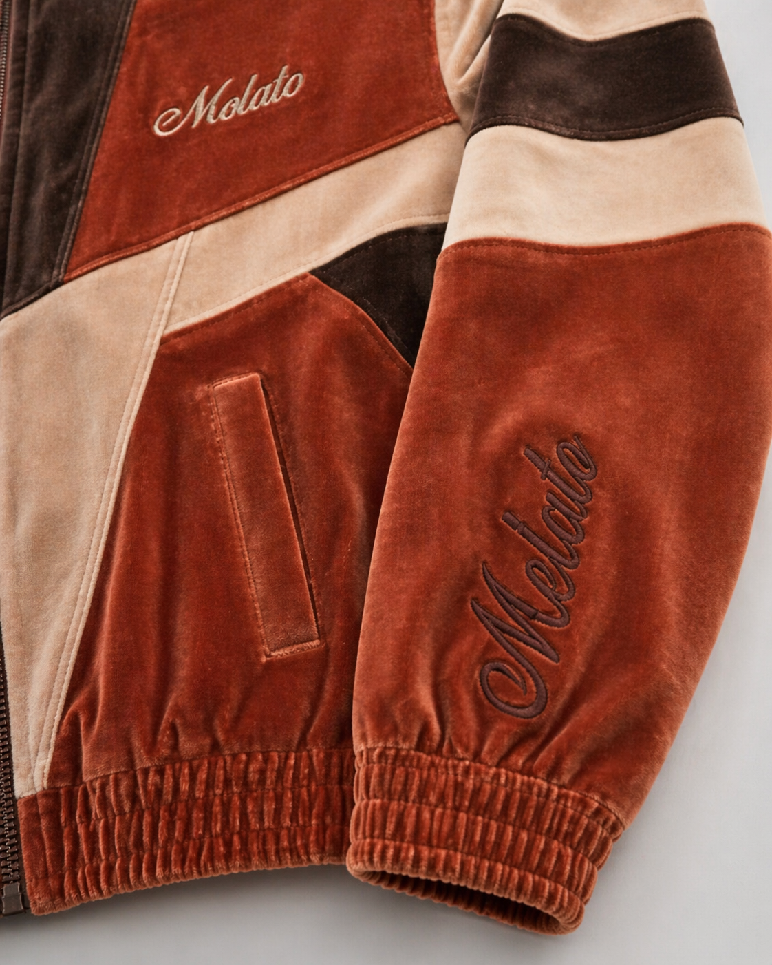 Melato Passion Fruit Velour Track Jacket close up — premium velour paneling