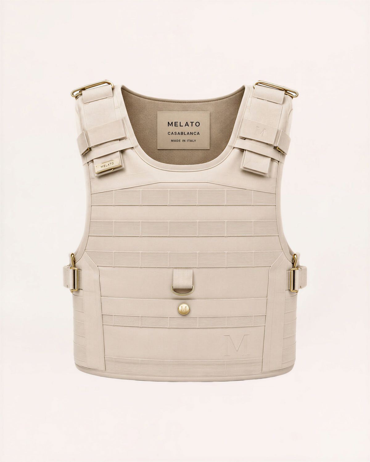 Protective Custody Vest in Casefile Sand with structured shoulder hardware, attachment channels and curved utility shell