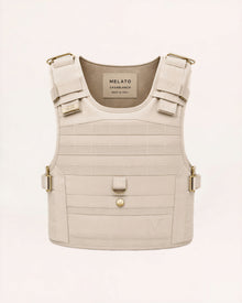 Protective Custody Vest in Casefile Sand with structured shoulder hardware, attachment channels and curved utility shell