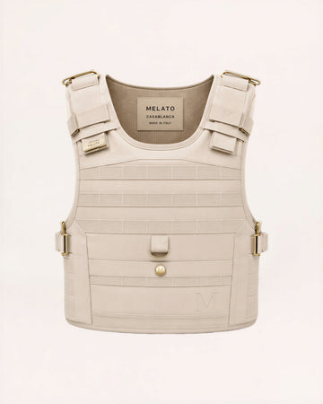 Protective Custody Vest in Casefile Sand with structured shoulder hardware, attachment channels and curved utility shell